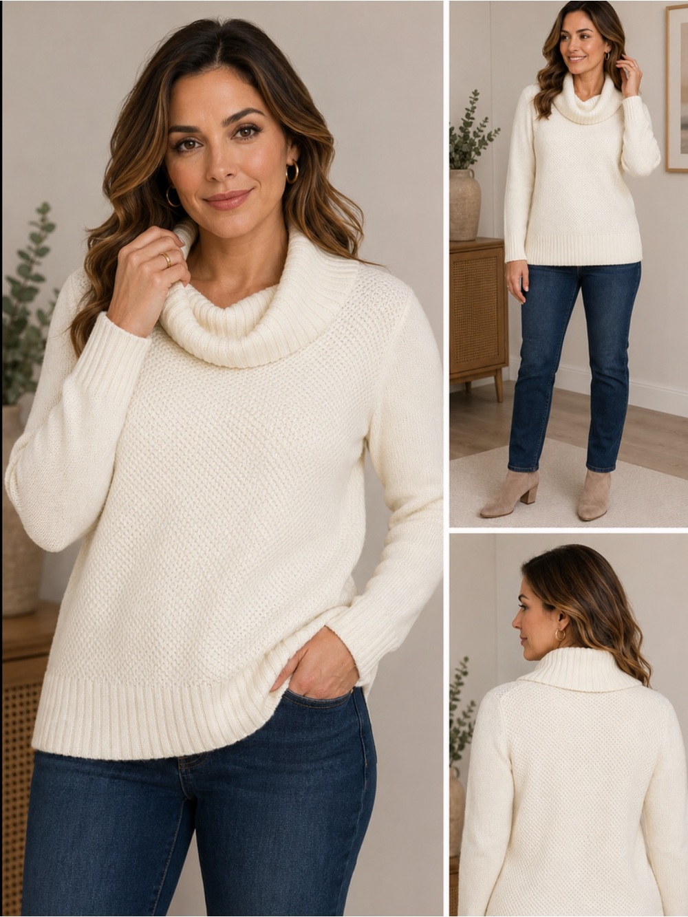 Covington Petite Women’s Ivory Cowl Neck Textured Sweater Size MP NWT